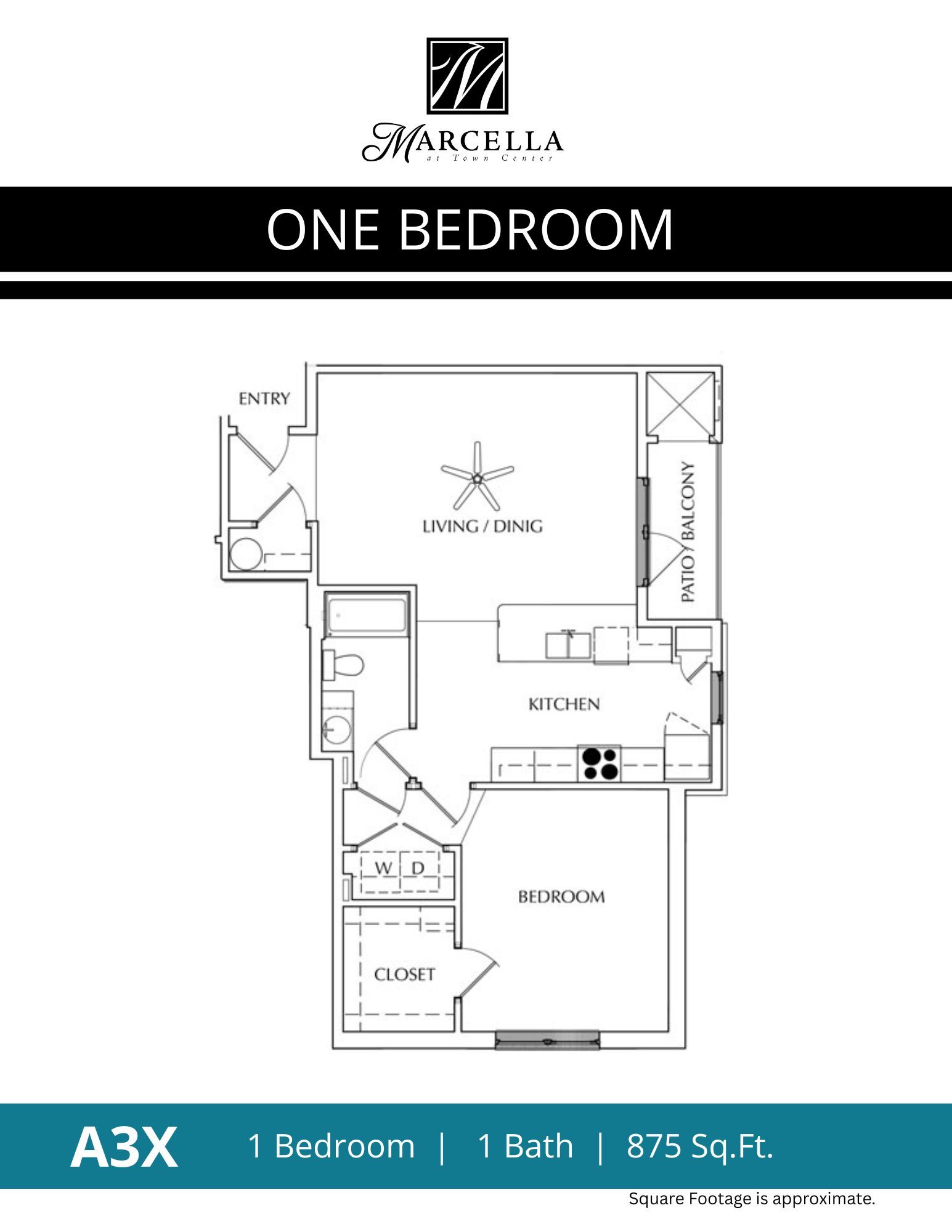 A black and white floor plan of a one bedroom apartment.