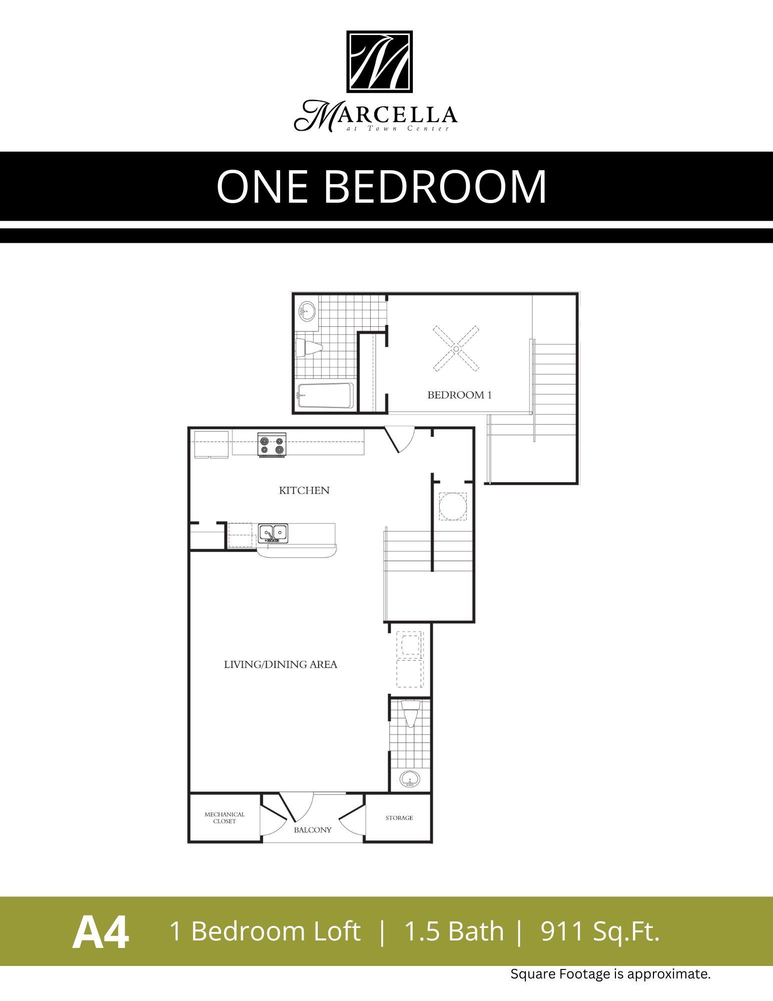A floor plan of a one bedroom apartment with a loft.