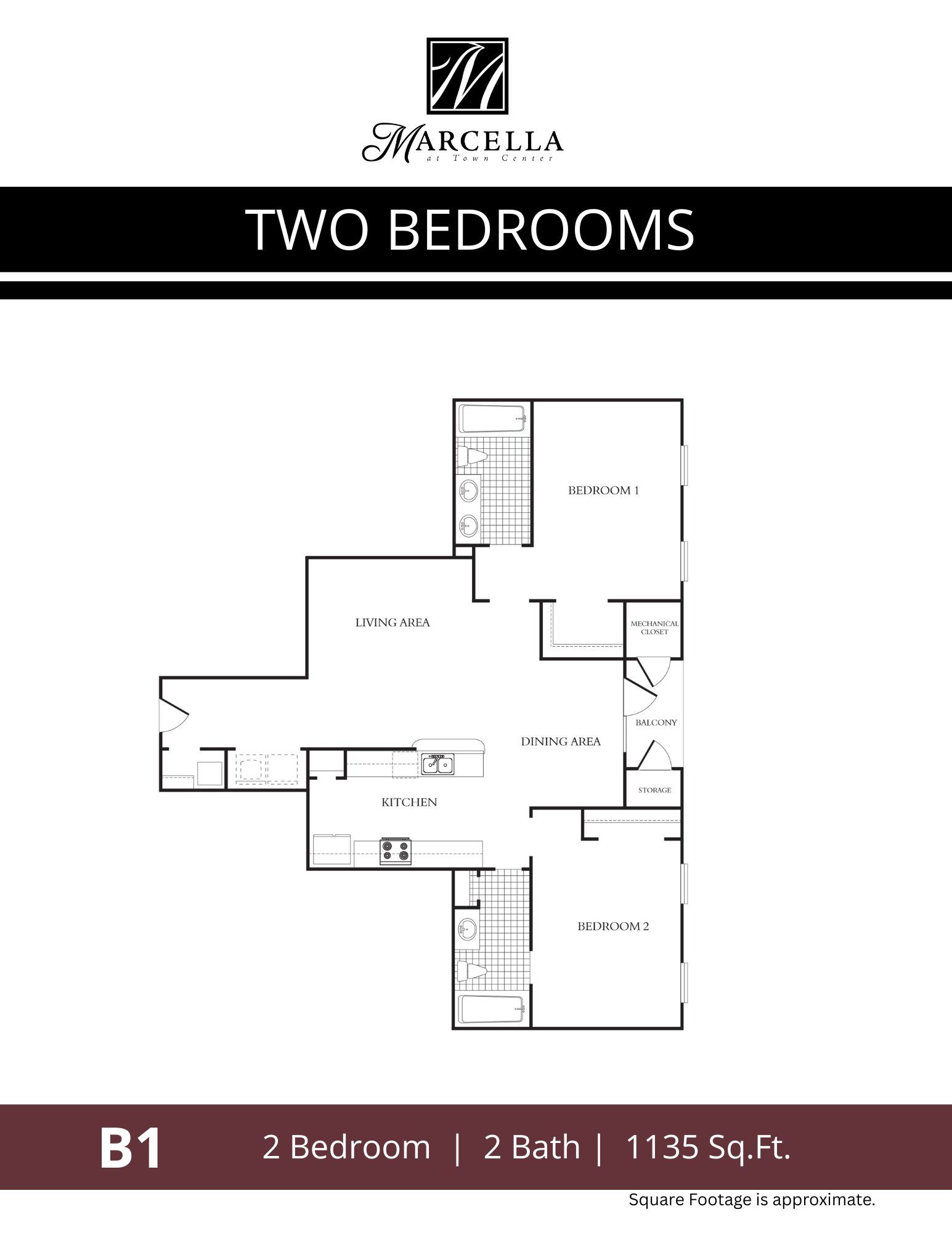 A floor plan of a two bedroom apartment.