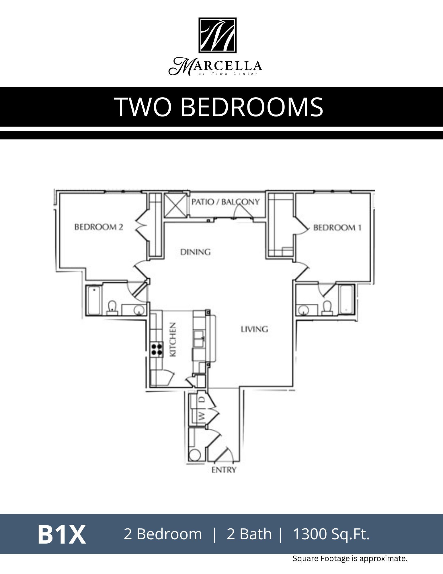 A black and white floor plan of a two bedroom apartment.