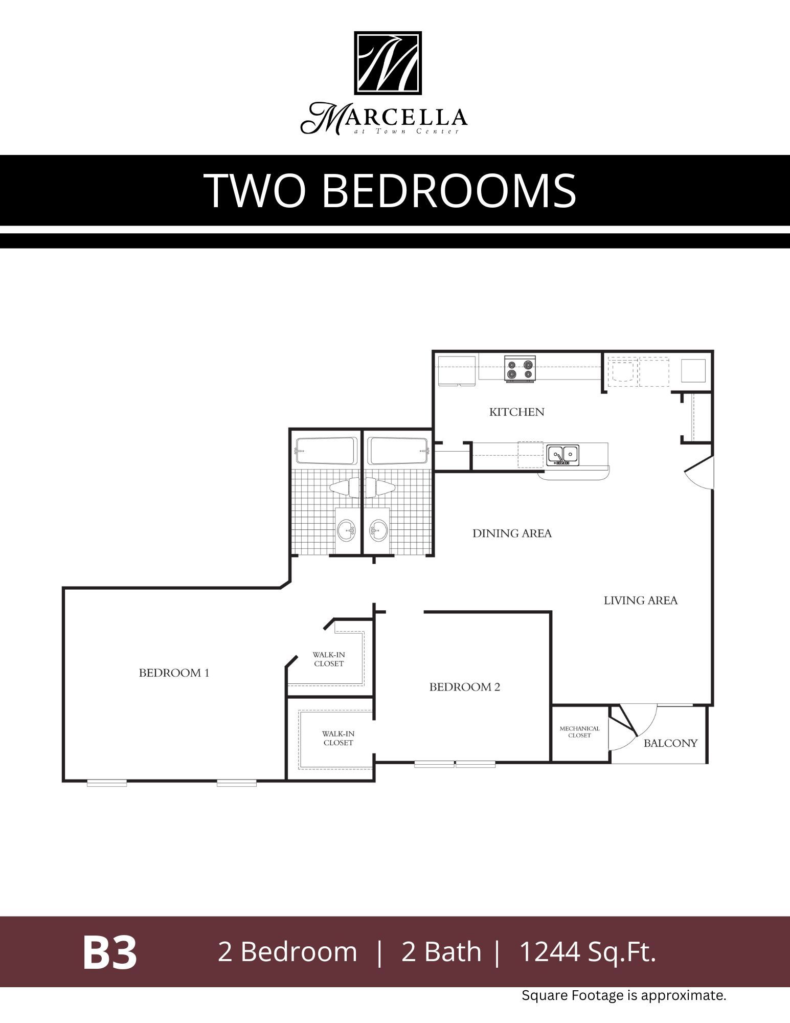A black and white floor plan of a two bedroom apartment.