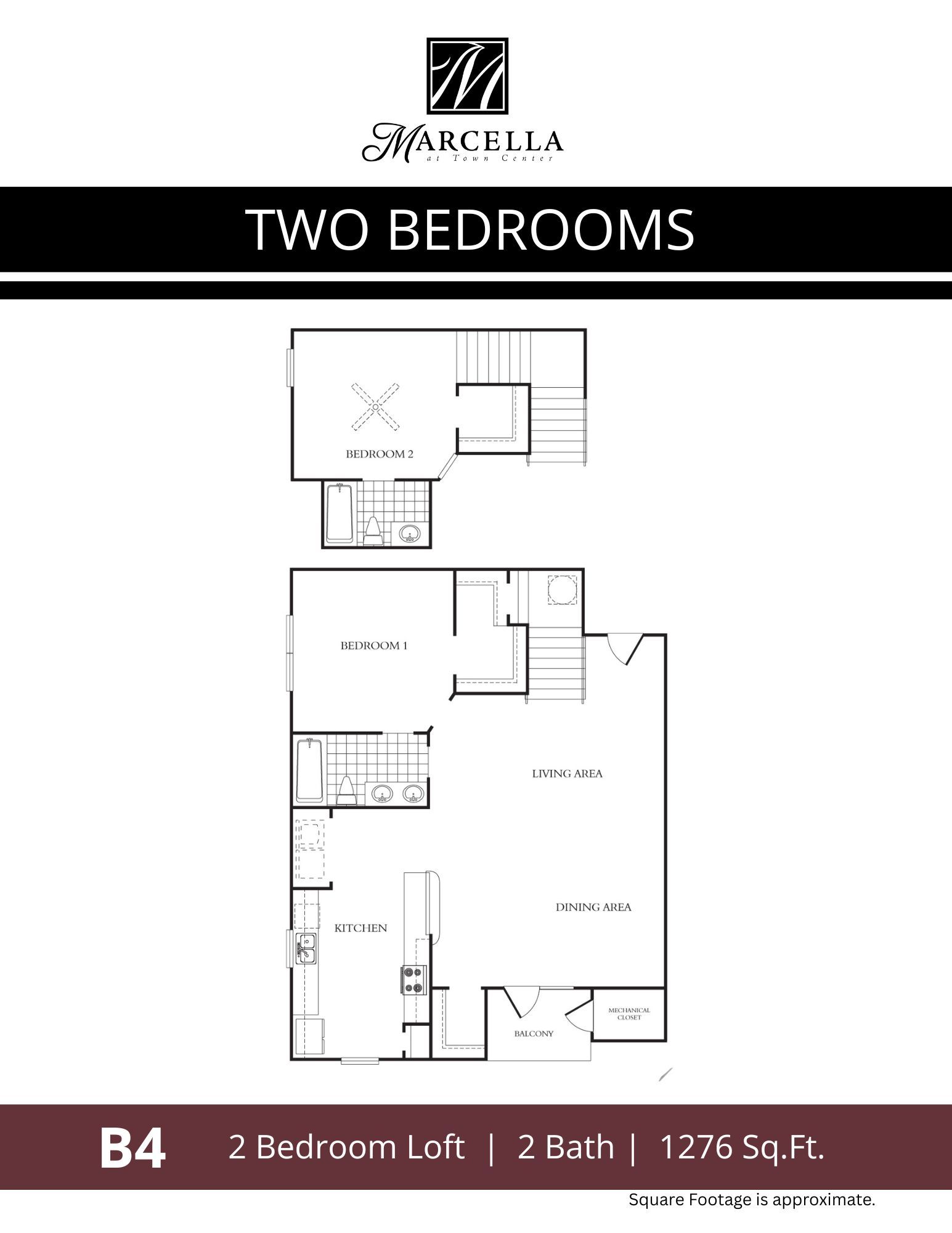 A floor plan of a two bedroom apartment with a loft.