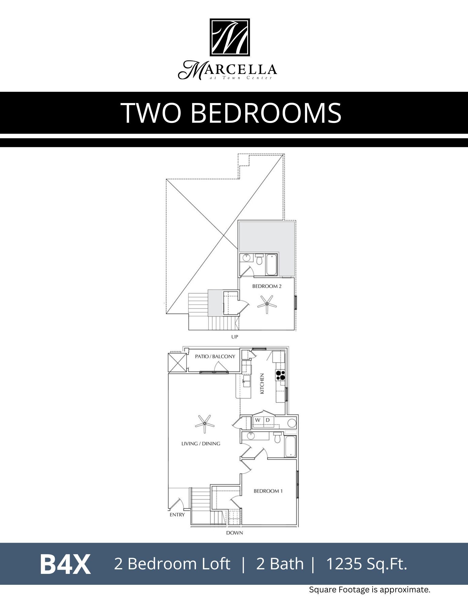 A floor plan of a house with two bedrooms and a loft.
