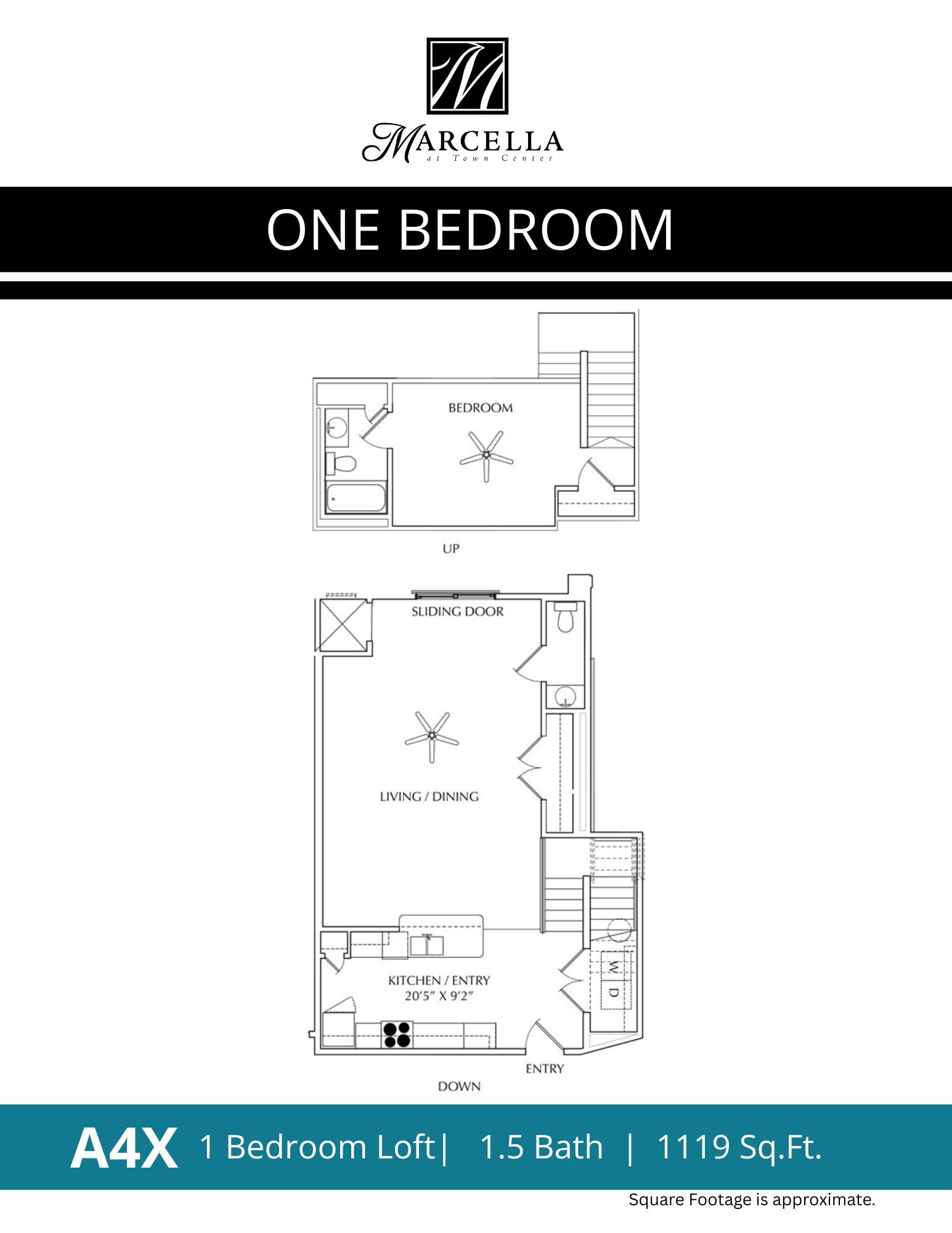 A black and white floor plan of a one bedroom loft apartment.