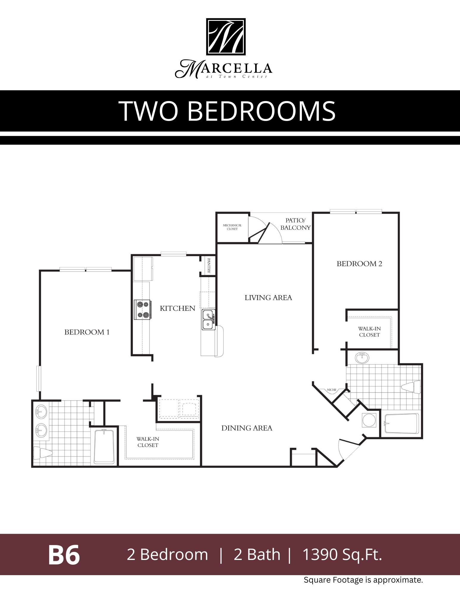 A black and white floor plan of a two bedroom apartment.