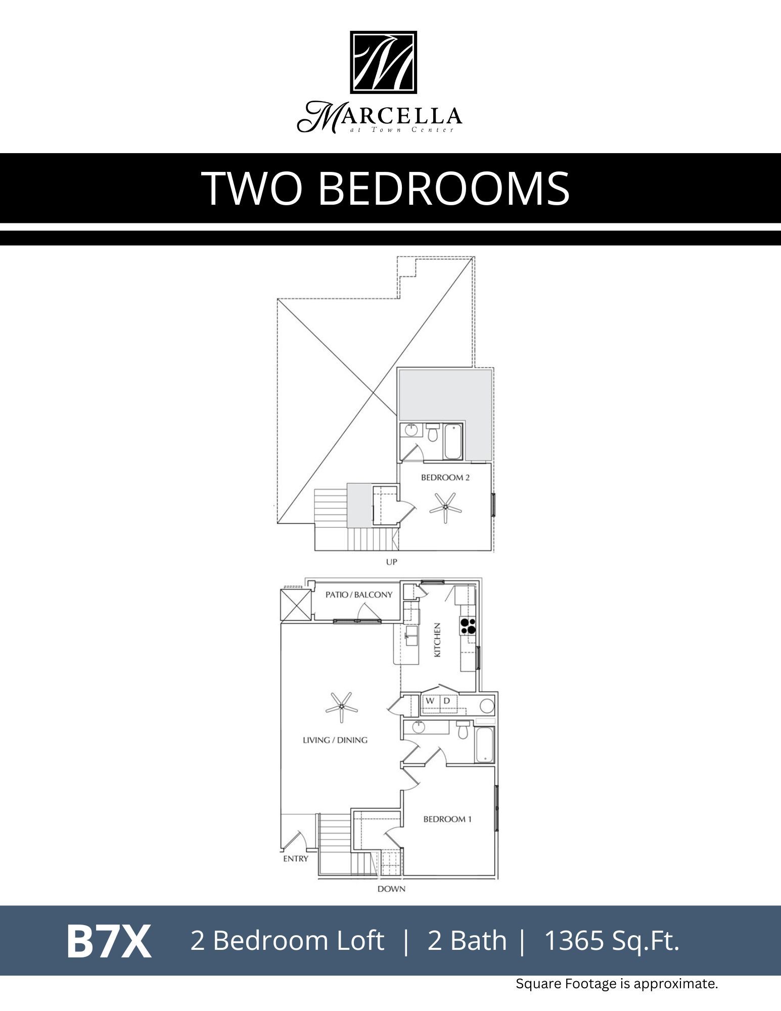 A floor plan of a house with two bedrooms and a loft.
