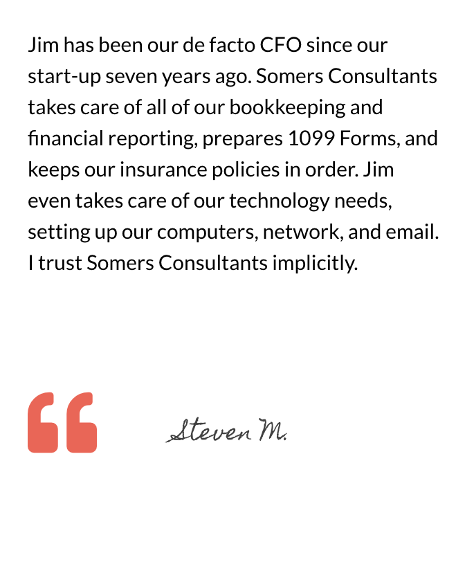 Testimonial text praising Somers Consultants, with orange quote marks and a Steven M. signature underneath