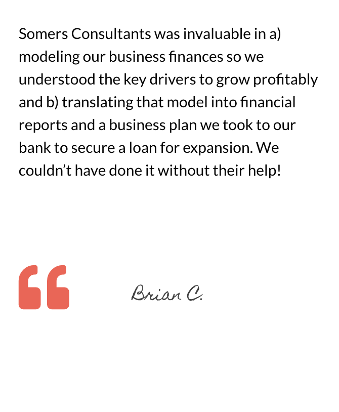 Testimonial quote on white background praising Somers Consultants; signature “Brian C.” with orange quotation marks