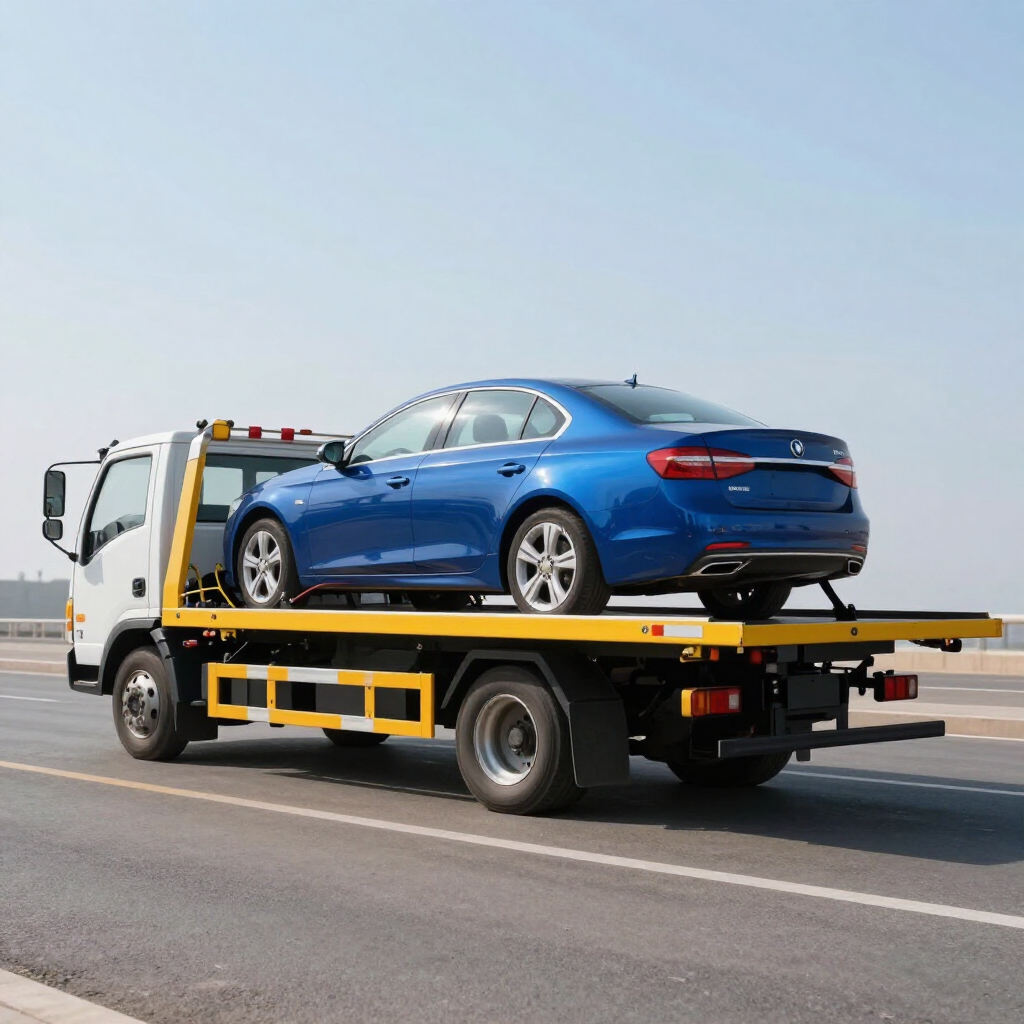 Grúa de plataforma con auto asegurado para traslado