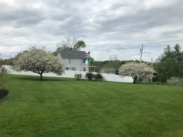 White house with a green lawn, white fence, two trees in bloom, and cloudy sky.