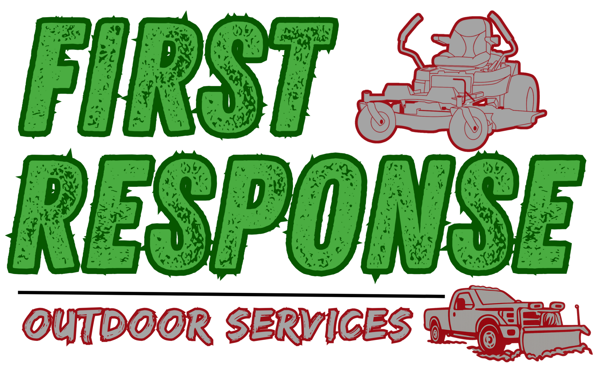 "First Response Outdoor Services" text in white script on a green background.