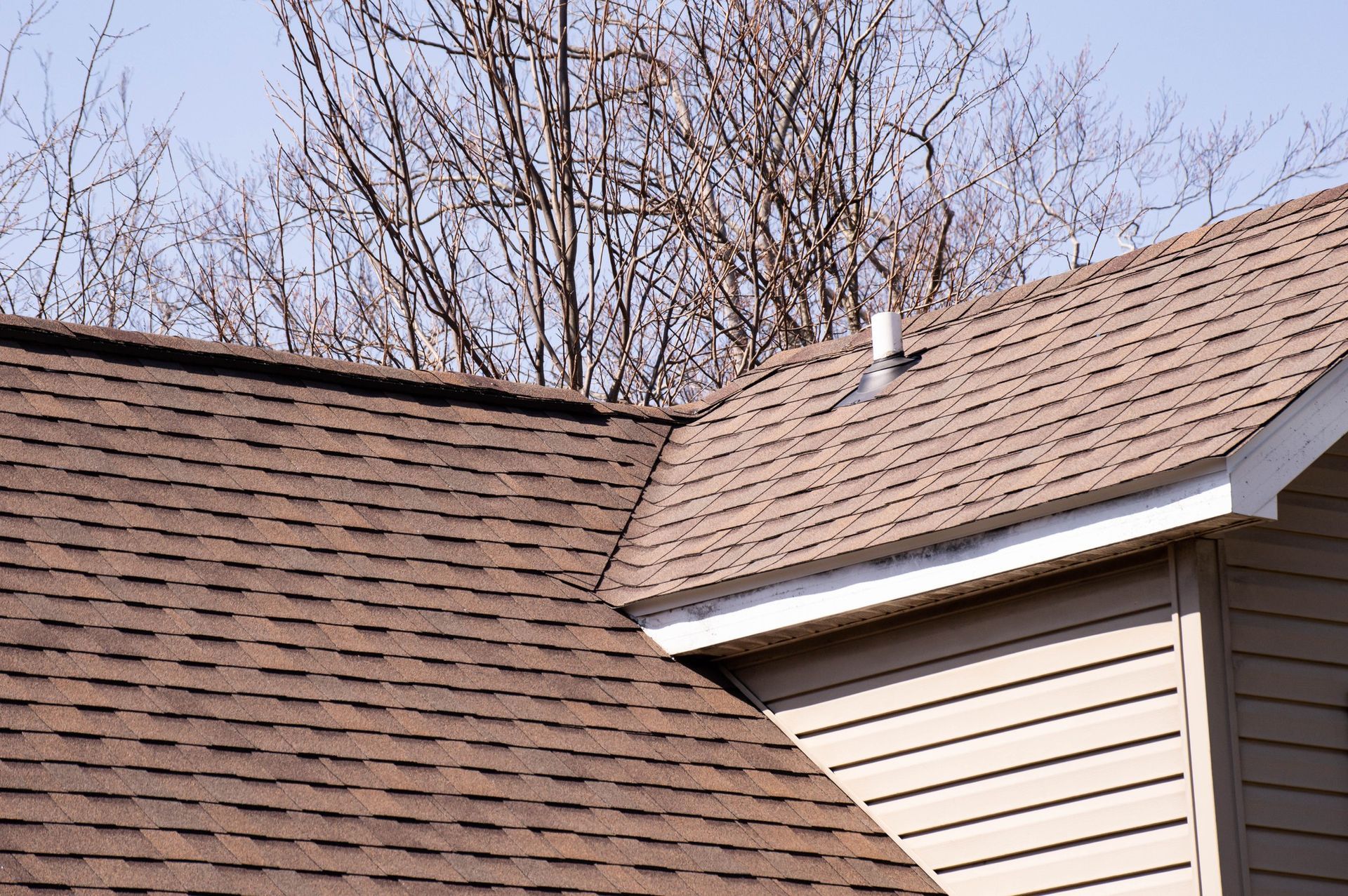 Brown shingled roof with a chimney and light tan siding against a background of bare trees.