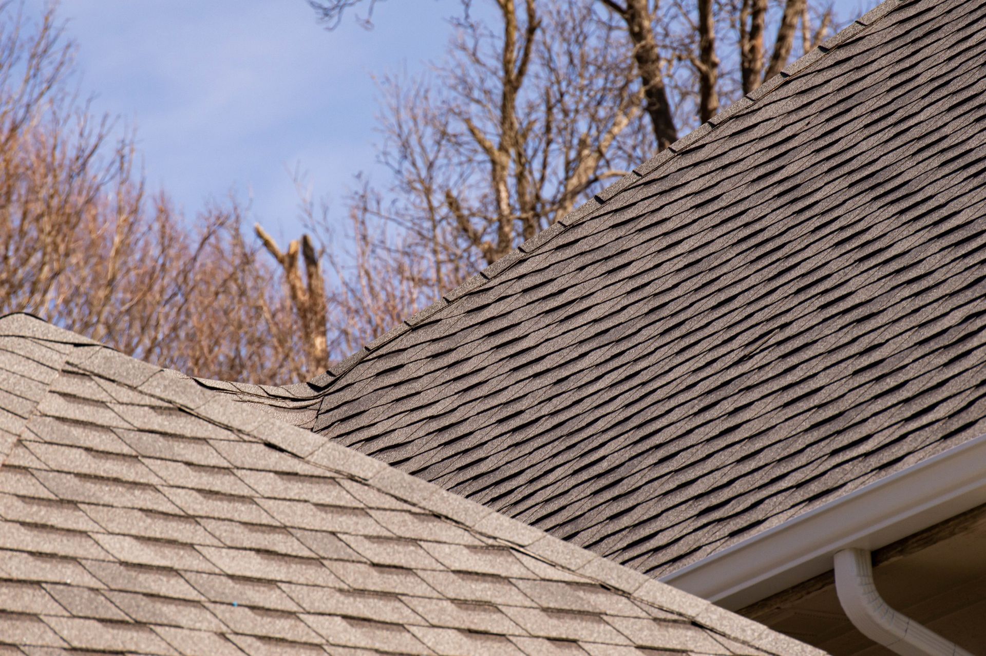 Two intersecting sections of a shingle roof against a blue sky with bare trees.