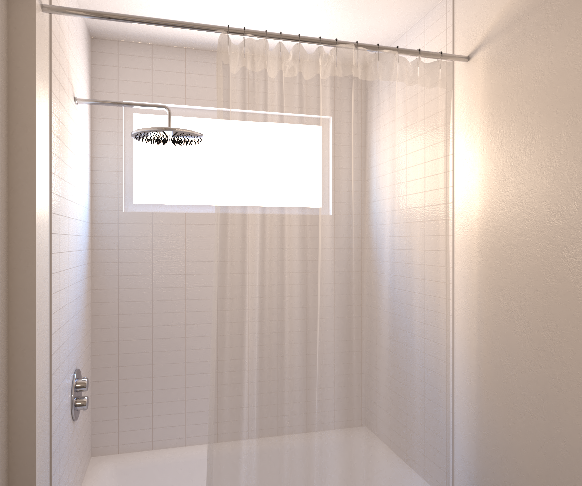 A shower with a clear shower curtain and a window