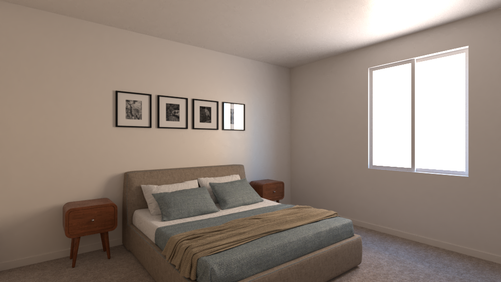 A bedroom with a bed , nightstands , and a window.