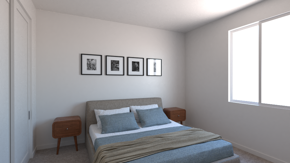 A bedroom with a bed , two nightstands , and a window.