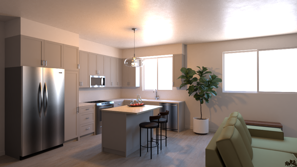 A kitchen with stainless steel appliances and a couch