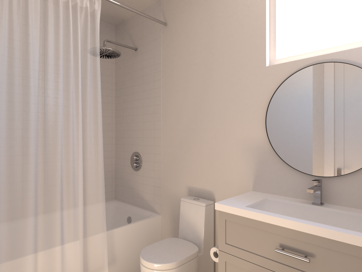 A bathroom with a toilet , sink , shower and mirror.