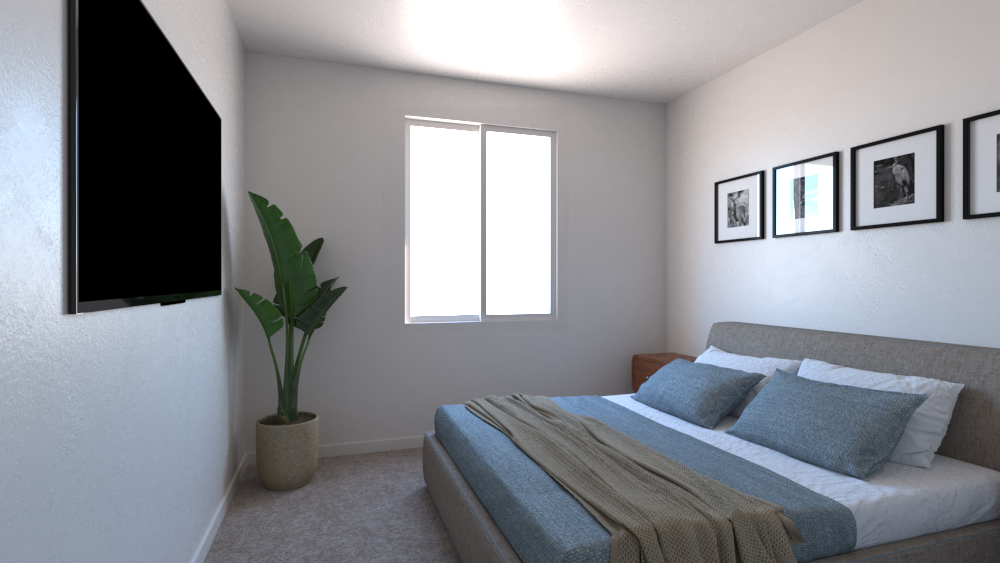 A bedroom with a large bed and a flat screen tv on the wall.