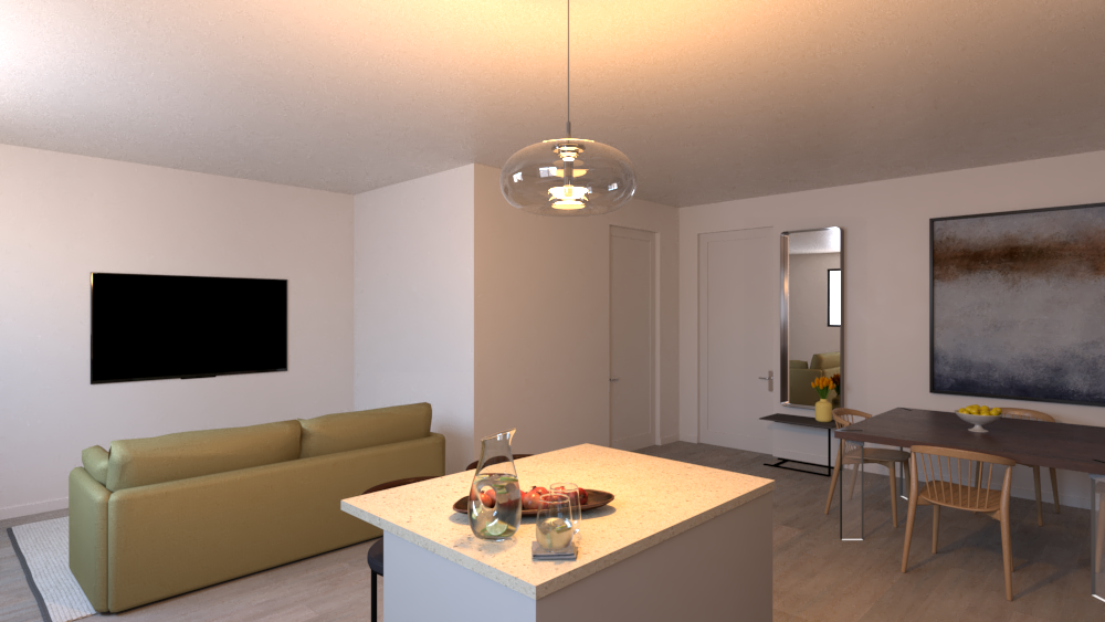 A living room with a couch , table , and television.