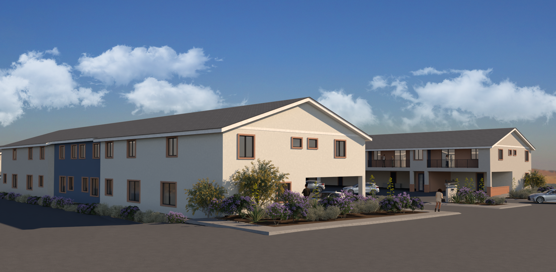 An artist 's impression of a building with cars parked in front of it.