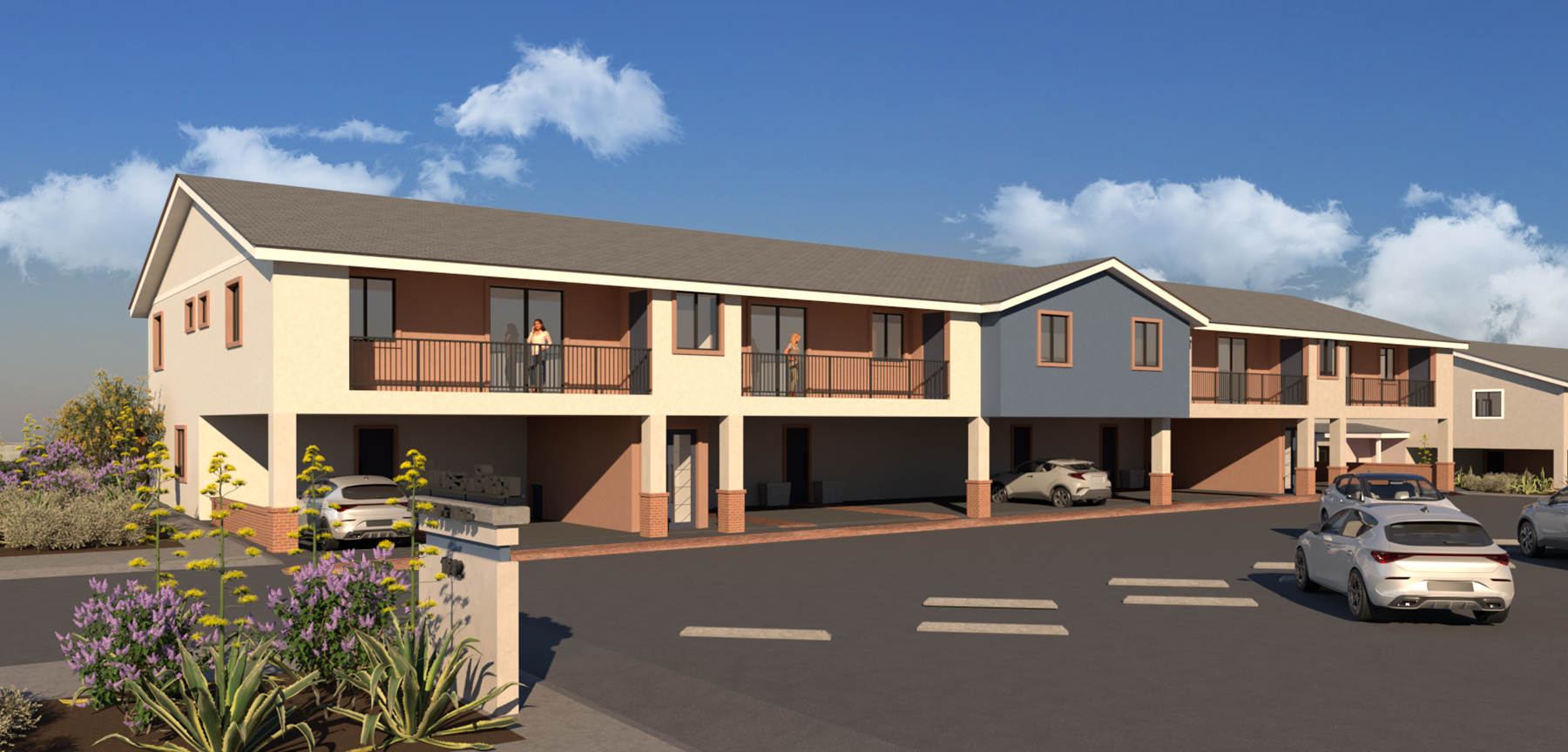 An artist 's impression of a row of houses with cars parked in front of them.