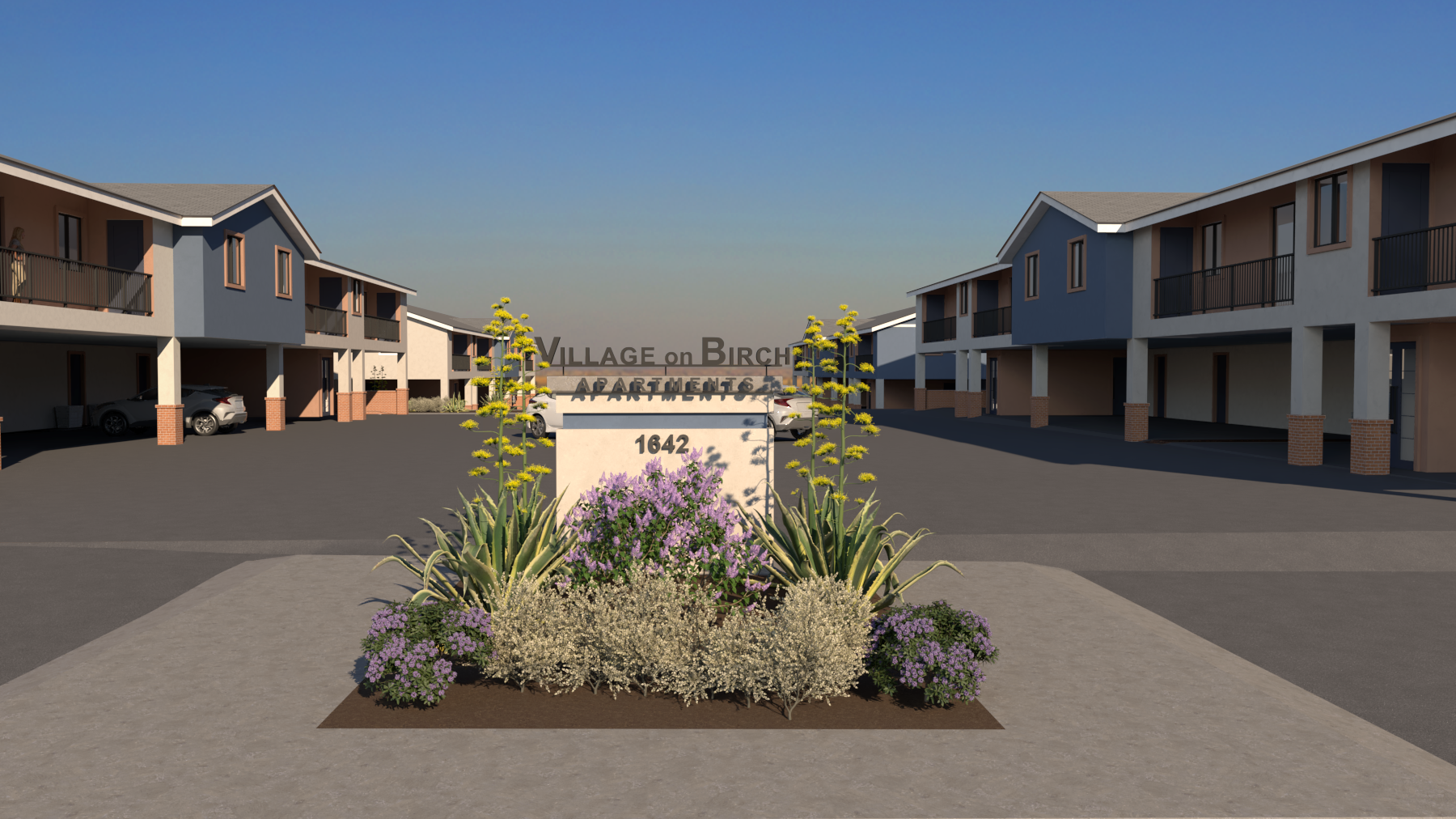 An artist 's impression of a village on birch apartment complex