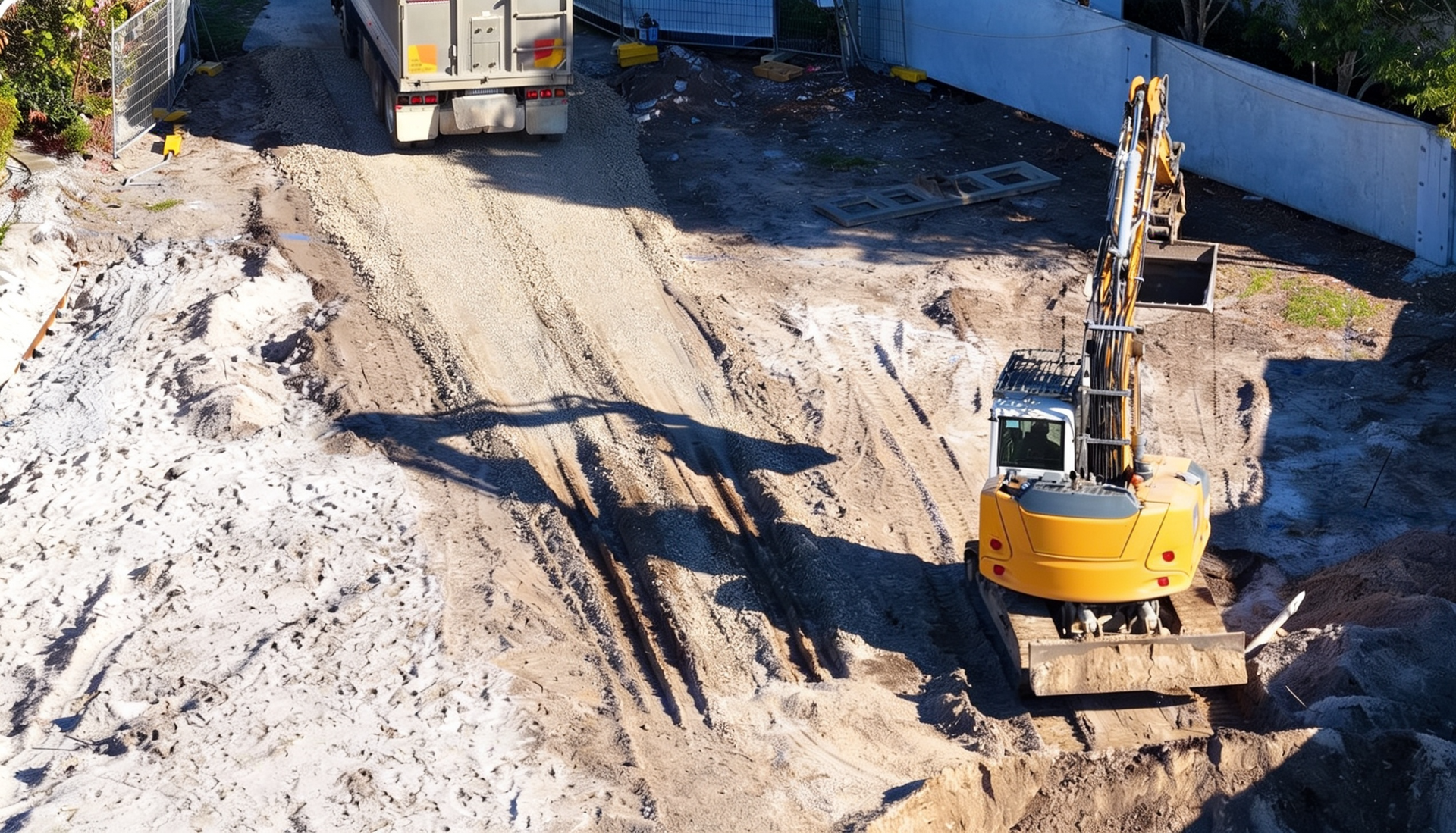 Excavator digging soil at a construction site beside a truck and blue fence.
