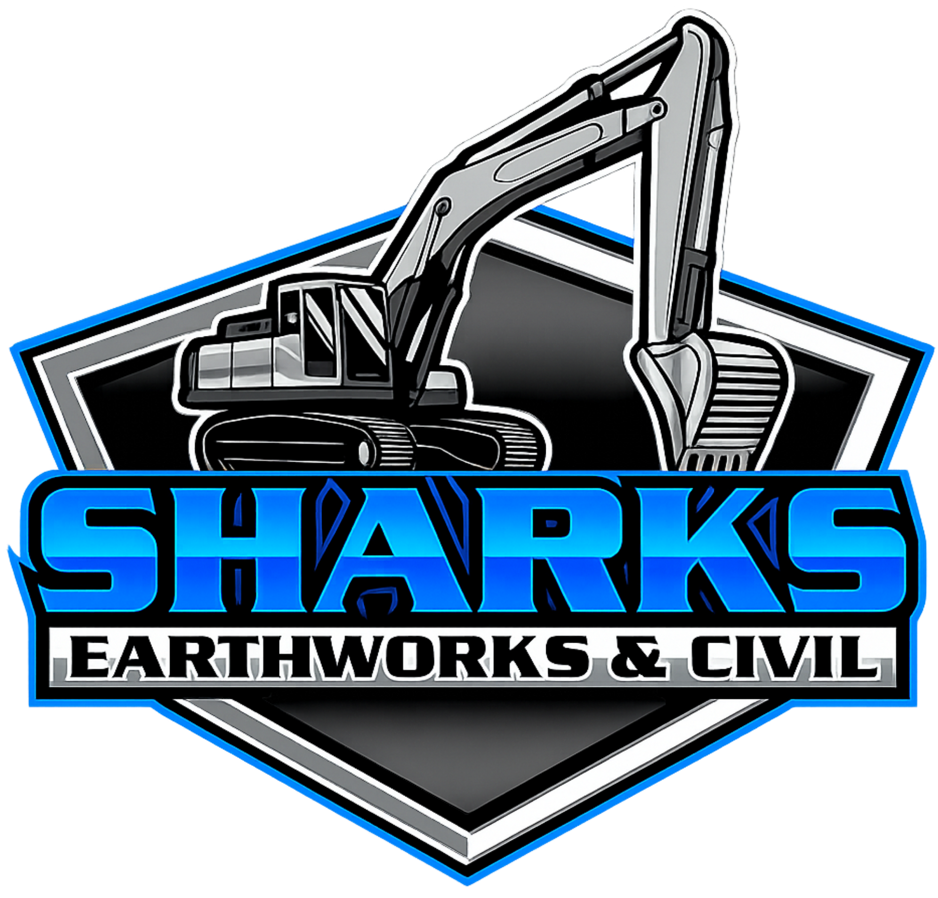 Sharks Earthworks & Civil logo with excavator over black shield in blue and gray