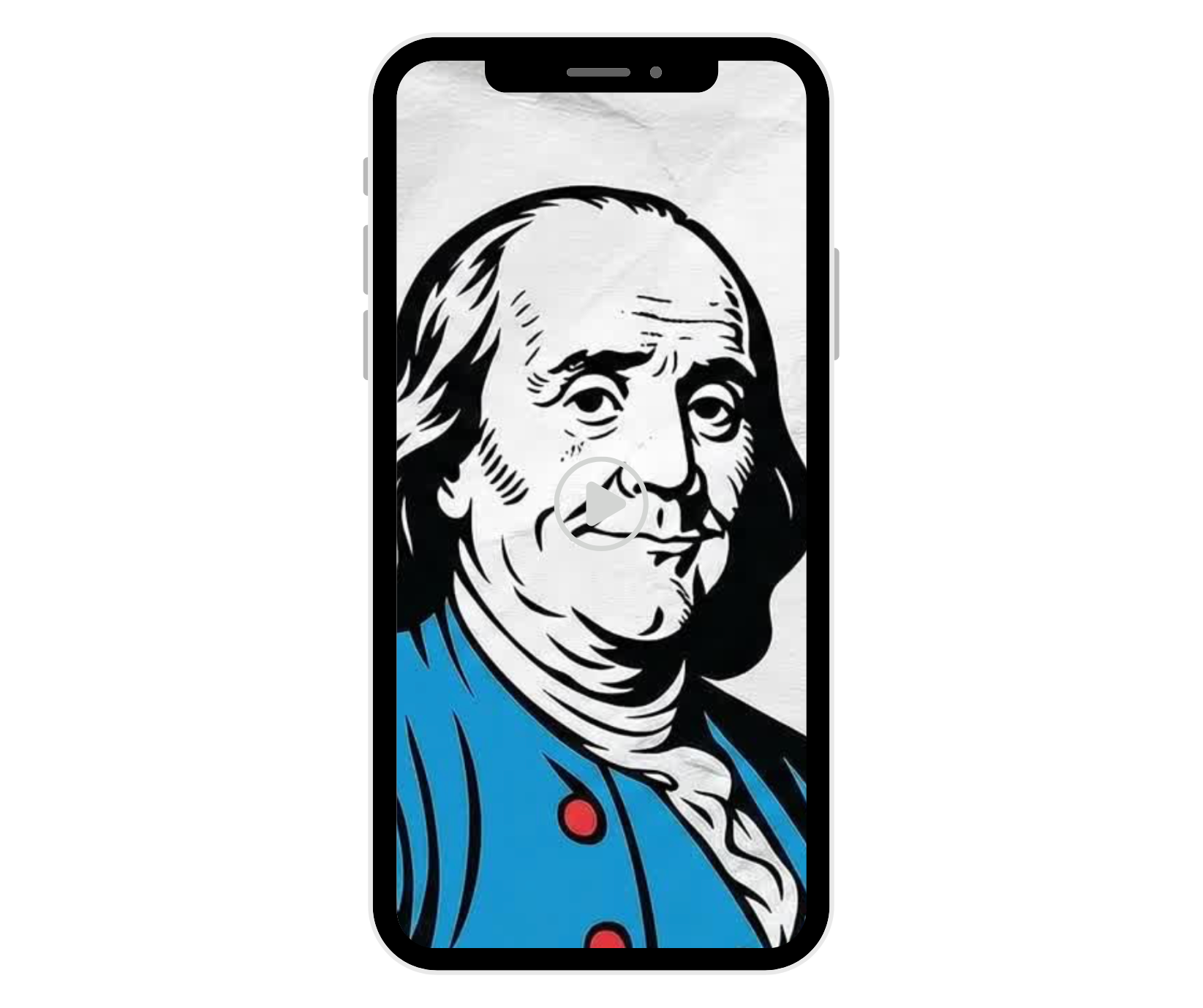 A smartphone screen displaying a stylized illustration of Benjamin Franklin wearing a blue coat with red buttons.