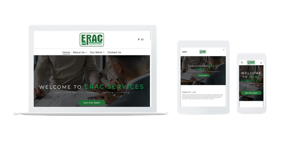 ERAC website displayed on laptop, tablet, and phone. Green logo, photo of people working, responsive design.