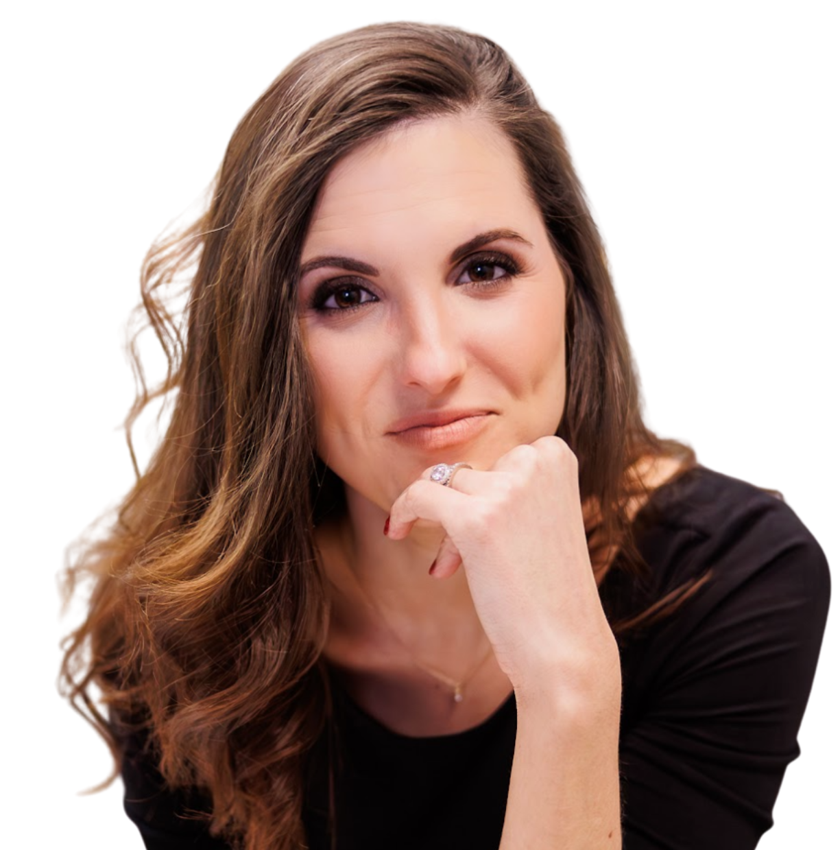 Woman with brown hair resting her chin on her hand, wearing a black top against a white background