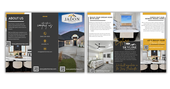 Real estate brochure with images of home interiors. Dark gray background with gold accents.