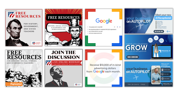 Collection of social media graphics with Abe Lincoln, Google branding, and airplane imagery.