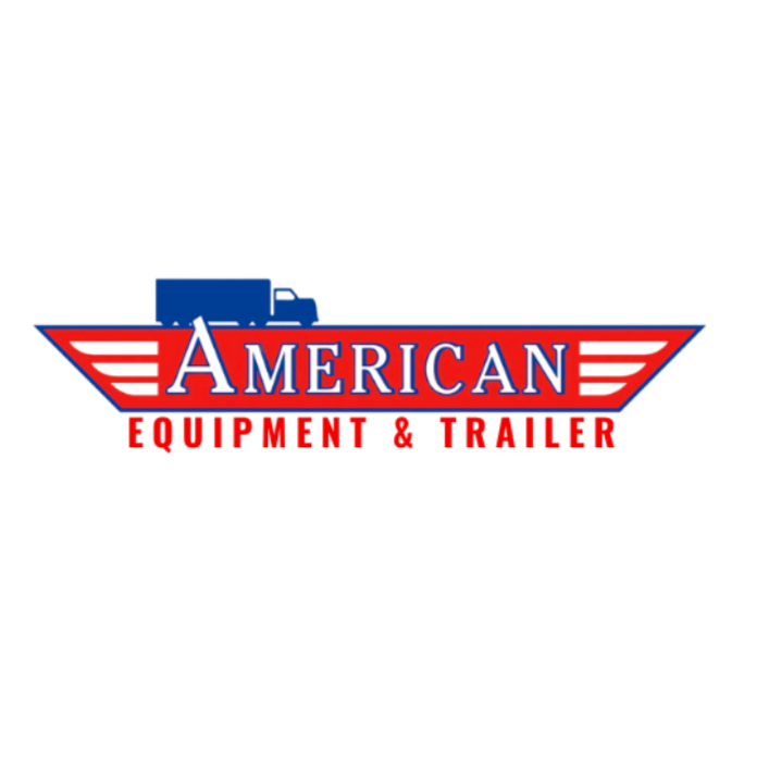 Logo for American Equipment & Trailer featuring a blue truck silhouette above a red and white wing-shaped banner.