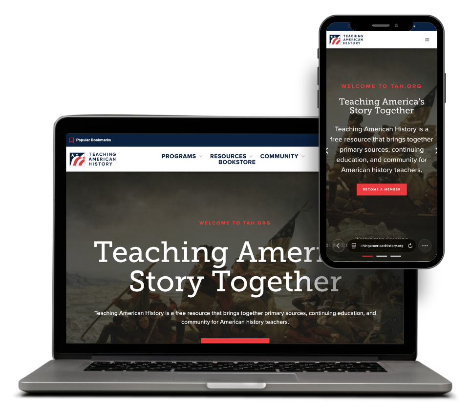 A laptop and a smartphone displaying the Teaching American History website homepage.