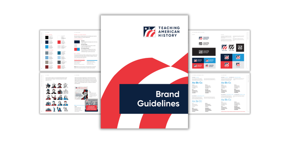 Brand guidelines document with red and blue graphics, showing logo variations, color palette, and examples.