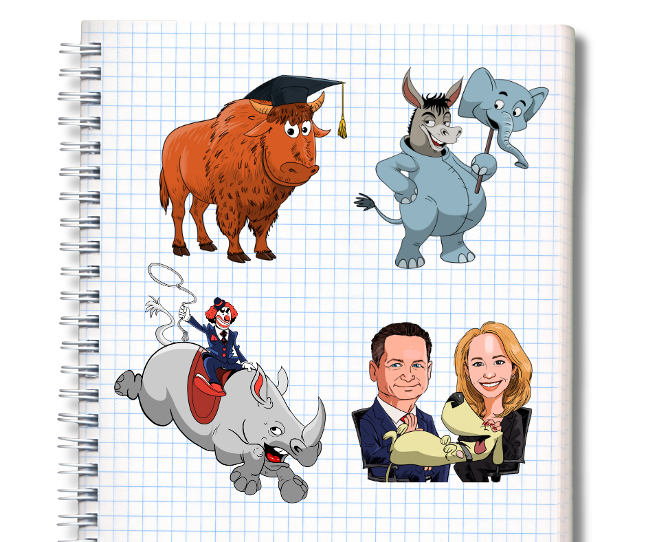 Four illustrations on grid paper: a buffalo wearing a mortarboard, a donkey with an elephant puppet, a rhino, and a couple.