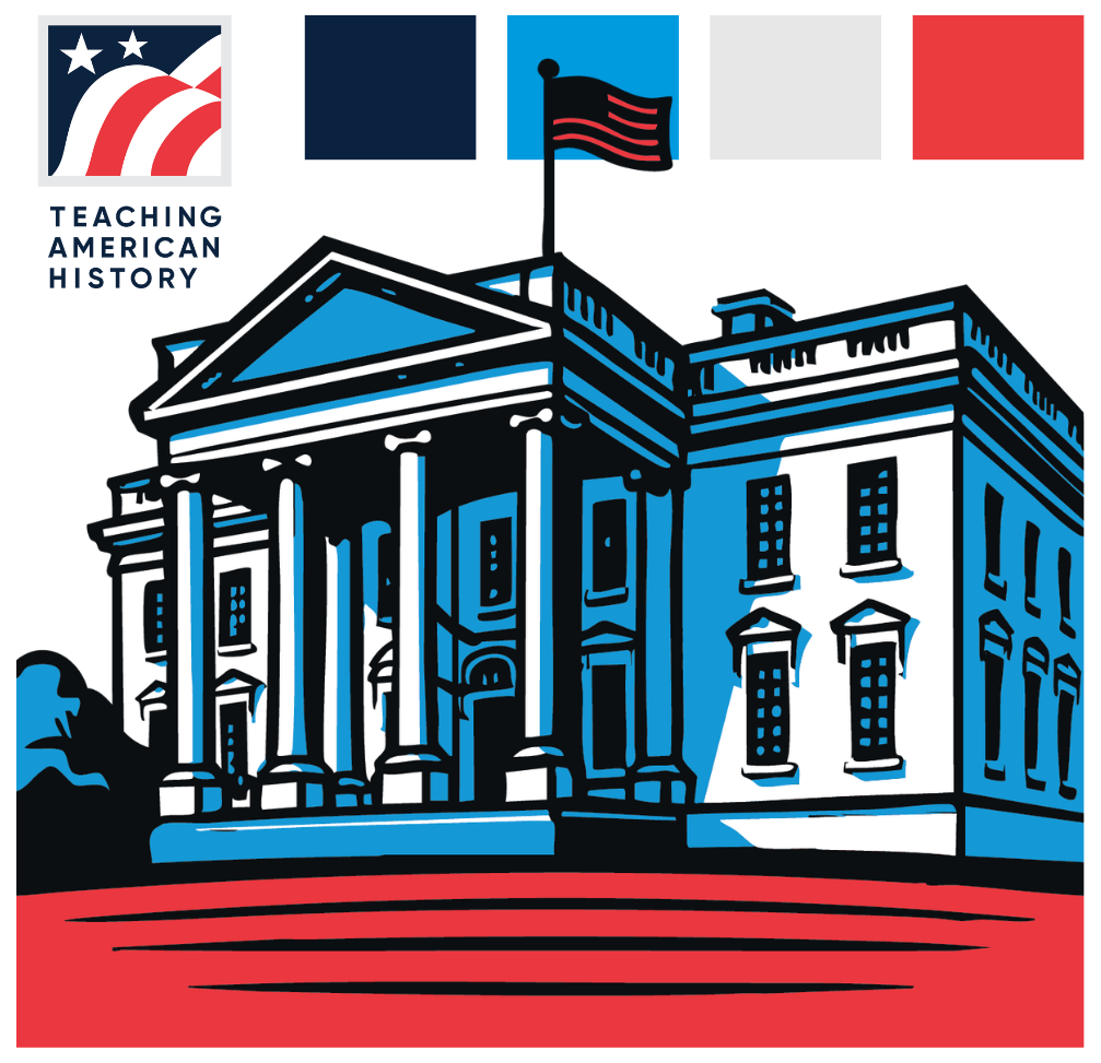 Stylized graphic of the White House in blue, white, and red with a 