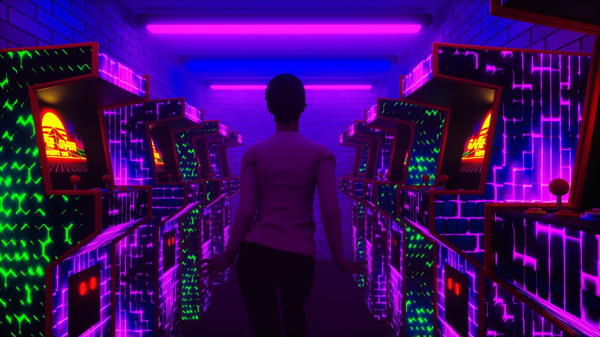 A man is walking down a hallway filled with neon lights and arcade games.