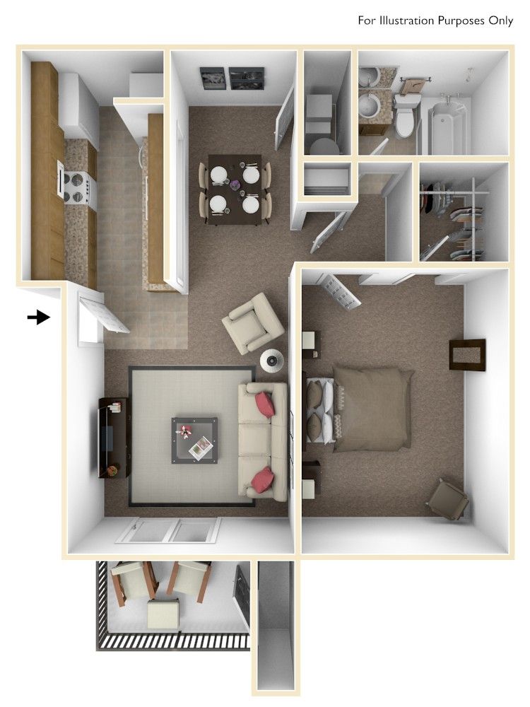 Floor plan of a one-bedroom apartment with a kitchen, dining area, living room, balcony, and bathroom.