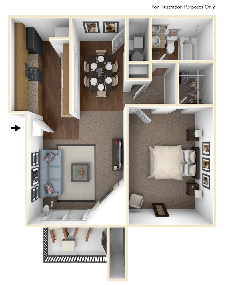 Floor plan of a one-bedroom apartment with a kitchen, living room, dining area, balcony, and bathroom.