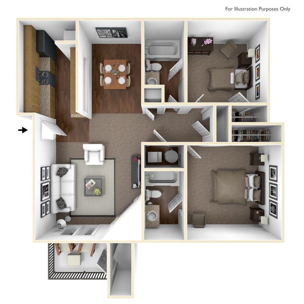 Floor plan of an apartment with a kitchen, dining area, living room, and two bedrooms.