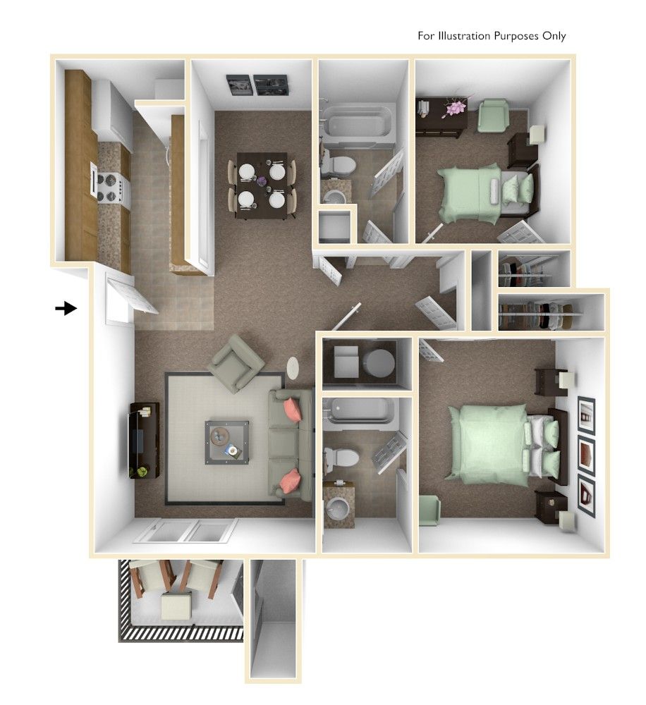 Floor plan of a two-bedroom apartment, with kitchen, living room, dining area, and two bathrooms.