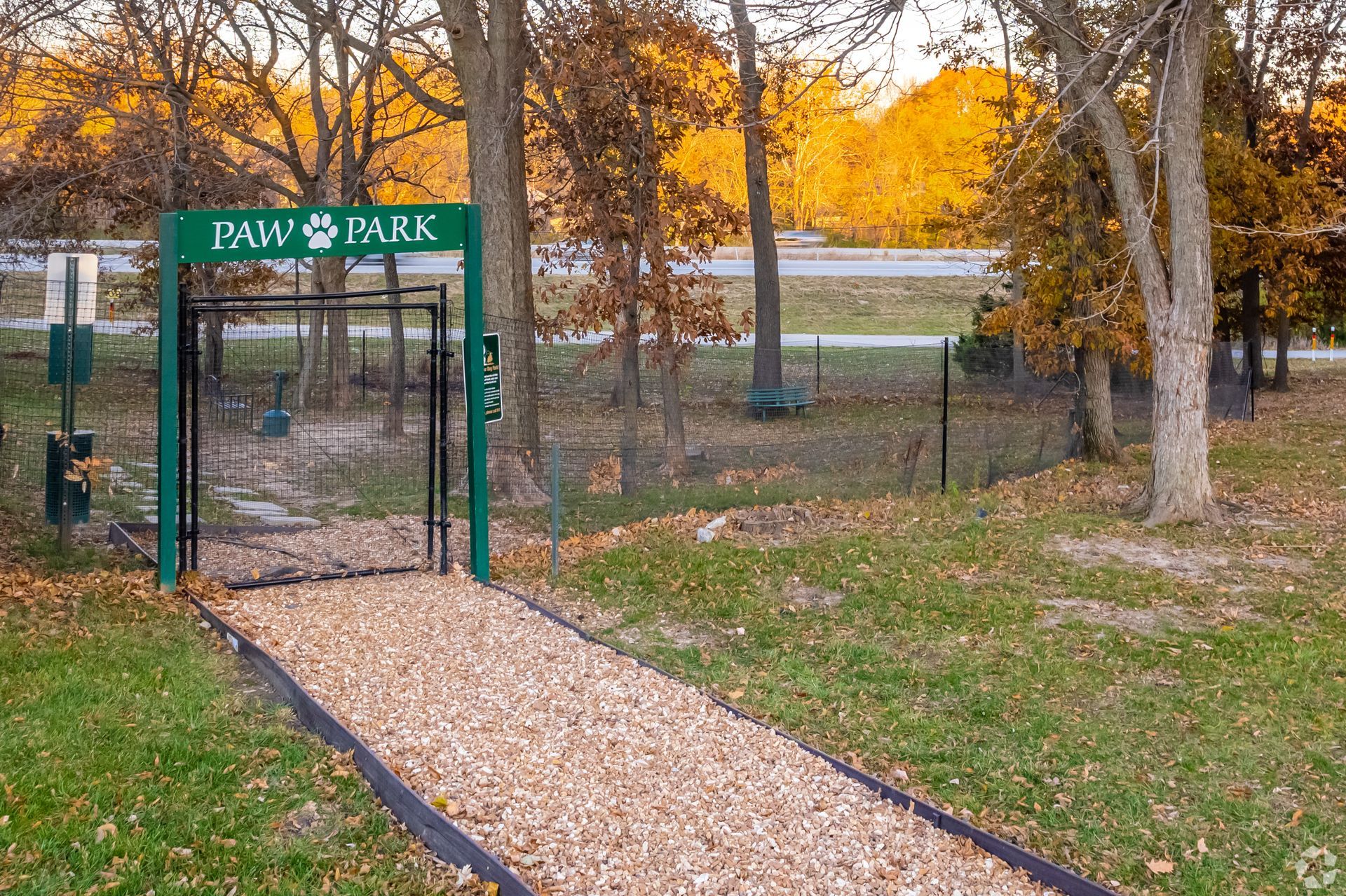 Entrance to a fenced dog park, 