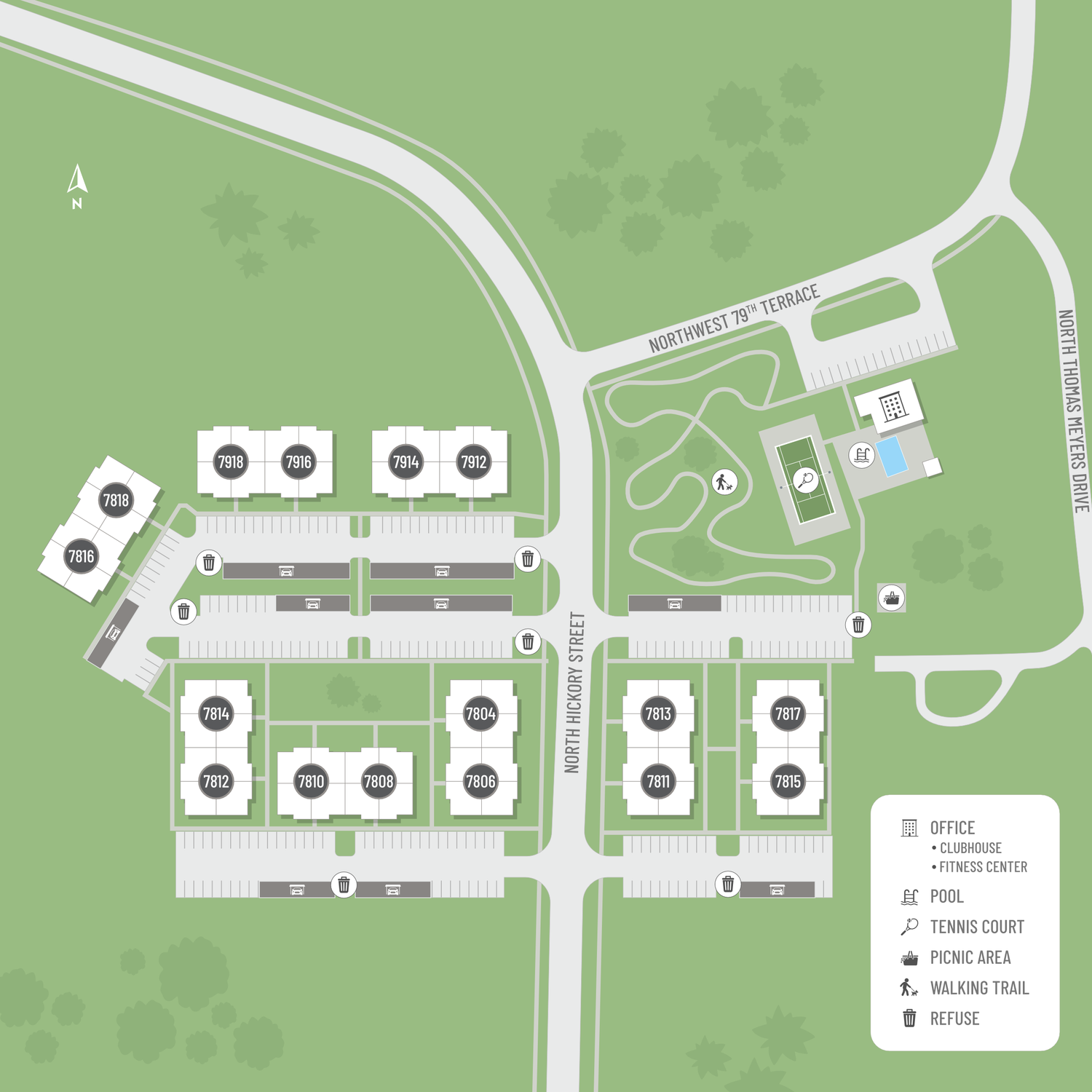Top-down map of an apartment complex with buildings, parking, roads, pool, and a recreation area.