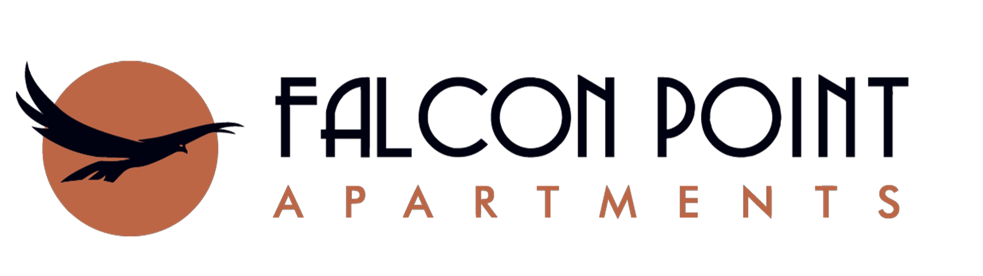Falcon Point Apartments logo with a black falcon in front of an orange circle and text.