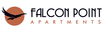 Falcon Point Apartments logo with a black falcon in front of an orange circle and text.