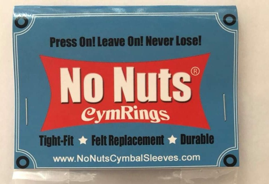Blue and red "No Nuts CymRings" package. Text: Tight-Fit, Felt Replacement, Durable. Website address provided.