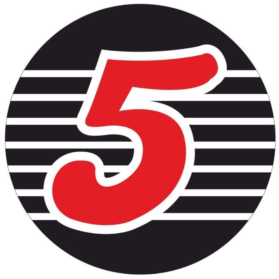 Red number 5 with white outline, on a black background with horizontal white stripes.